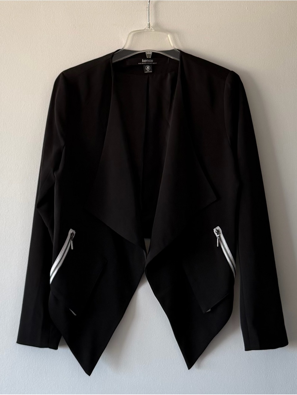 NWT Kensie Black Waterfall Drape Front Blazer Jacket Open Slit Cuffs Size Small